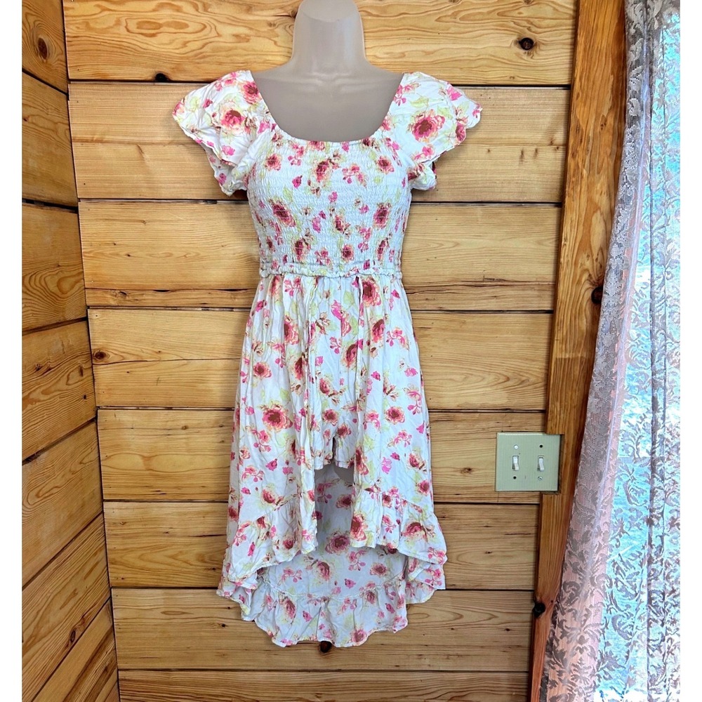 Floral High Low Romper Skort Dress Smocked Flutter Sleeve Pink Yellow Rose Print
